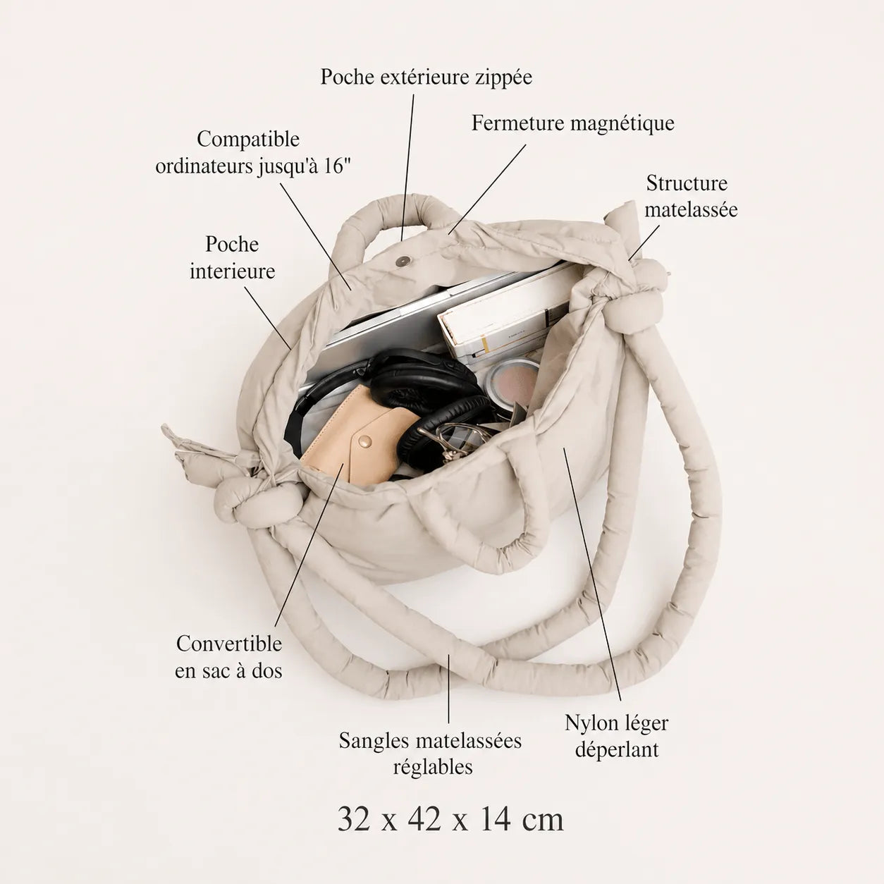 sac confortable et pratique pour travail sport week-end, en tissu doudoune matelassé à anses réglables